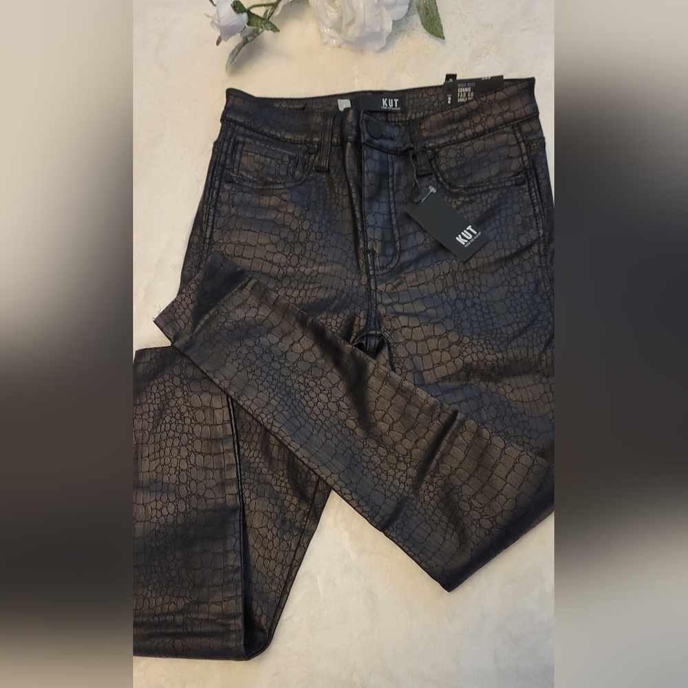 Kut from the Kloth Black Crocodile Connie High Rise Fab Ab Ankle Skinny Jeans